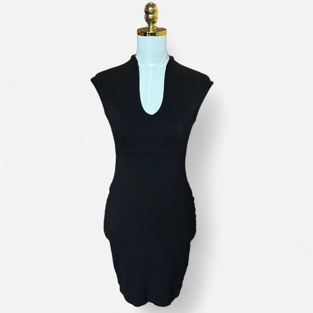Black midi dress with cap sleeves and high collar/deep‎ v neck